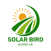 Solarbirdguard logo, an orange sun over a green field in a green crescent